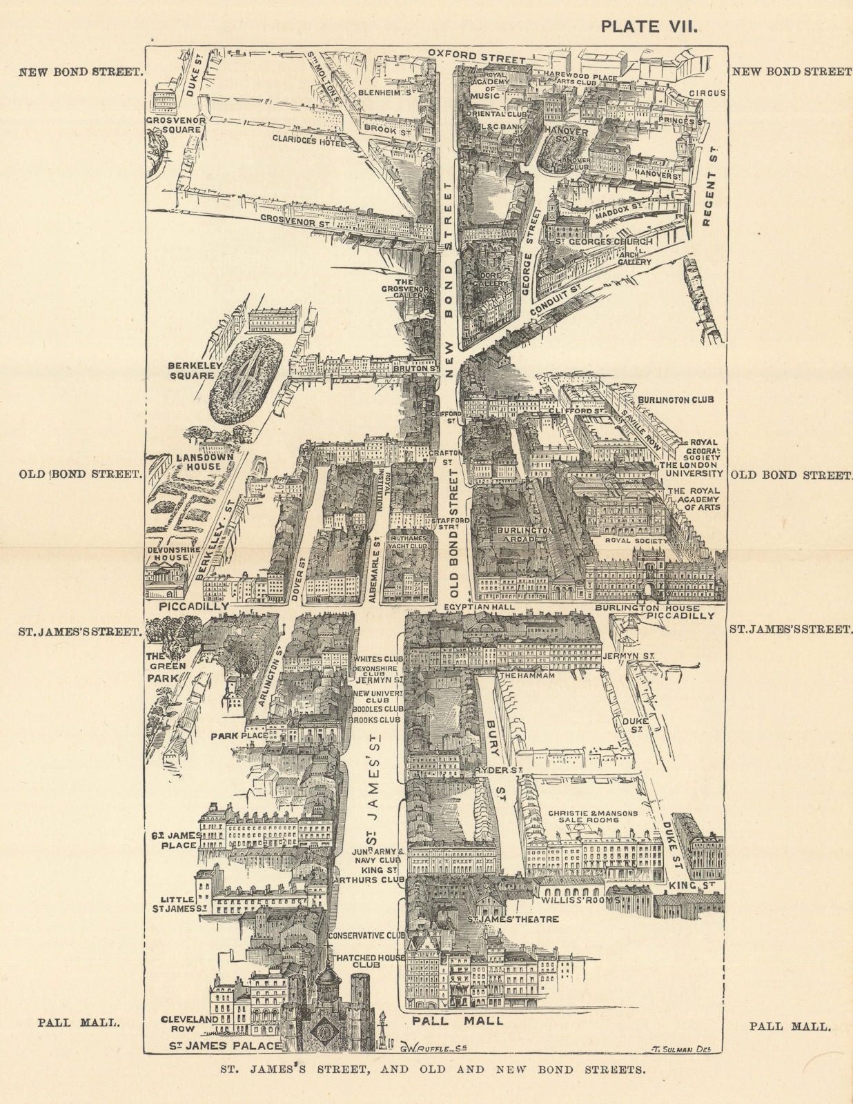 Bird's eye view of St. James’s Street and Old & New Bond Street. SULMAN 1890 map